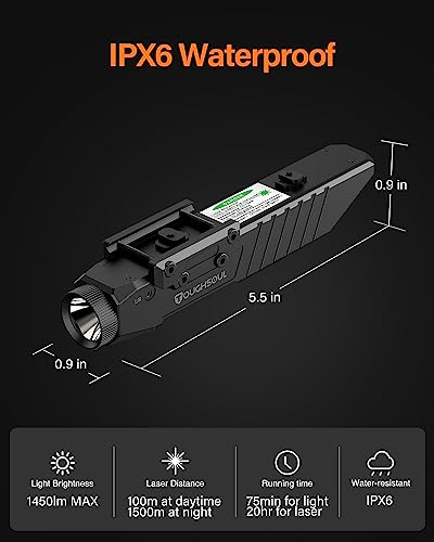 TOUGHSOUL Tactical Flashlight with Green Red Laser Sight 1450 Lumen Rechargeable Picatinny Rail Mounted Rifle Flashlight