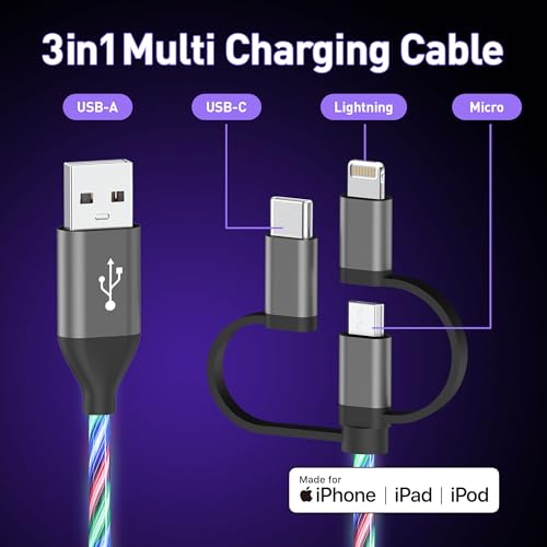 3in1 Charger Cable with LED Light, Multi Charging Cable for iPhone/iPhone Series/Cell Phones and More(Multicolored, 3ft)