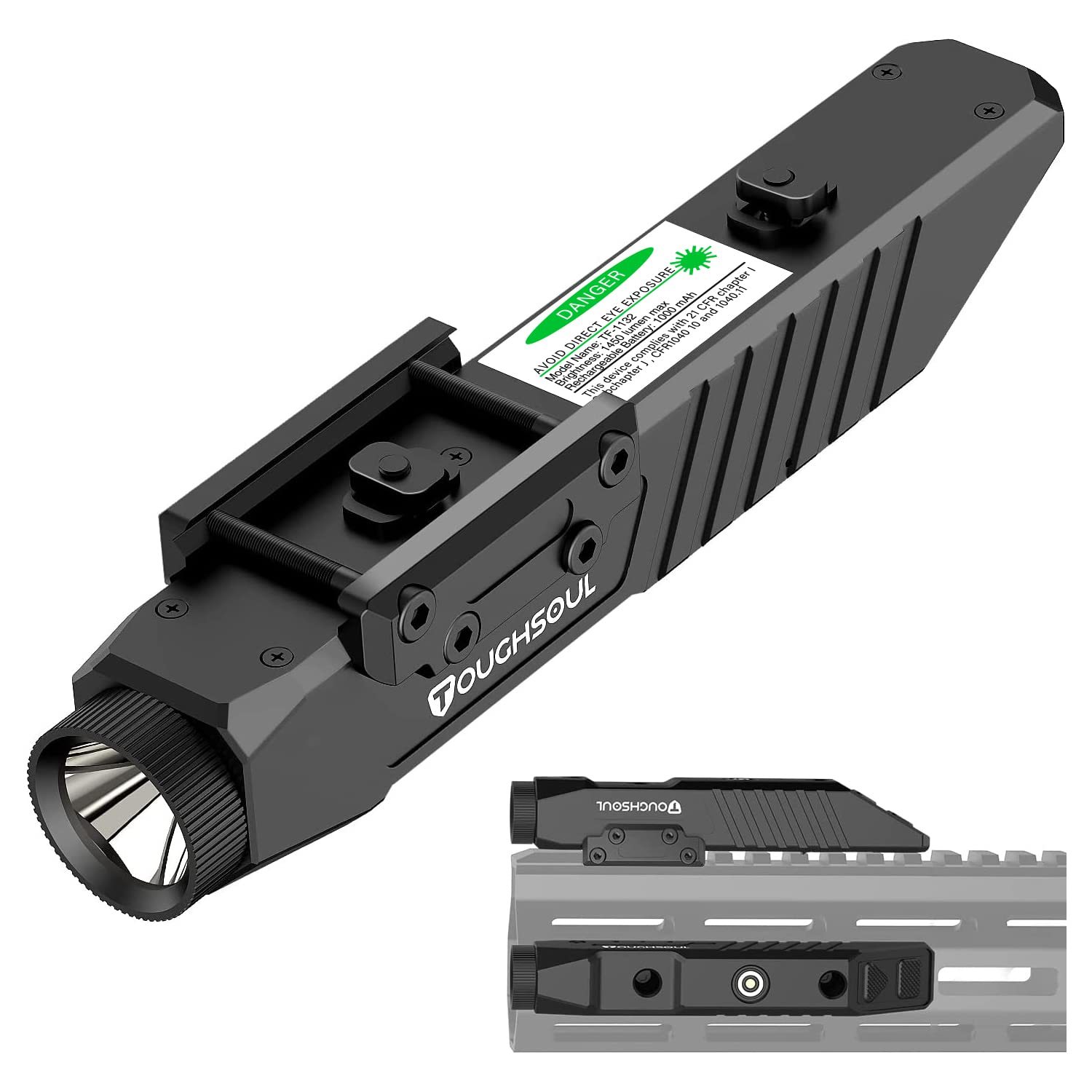 TOUGHSOUL 1450 Lumen Picatinny Rail MLOK Mounted Tactical Flashlight for Rifles with Momentary Strobe Function