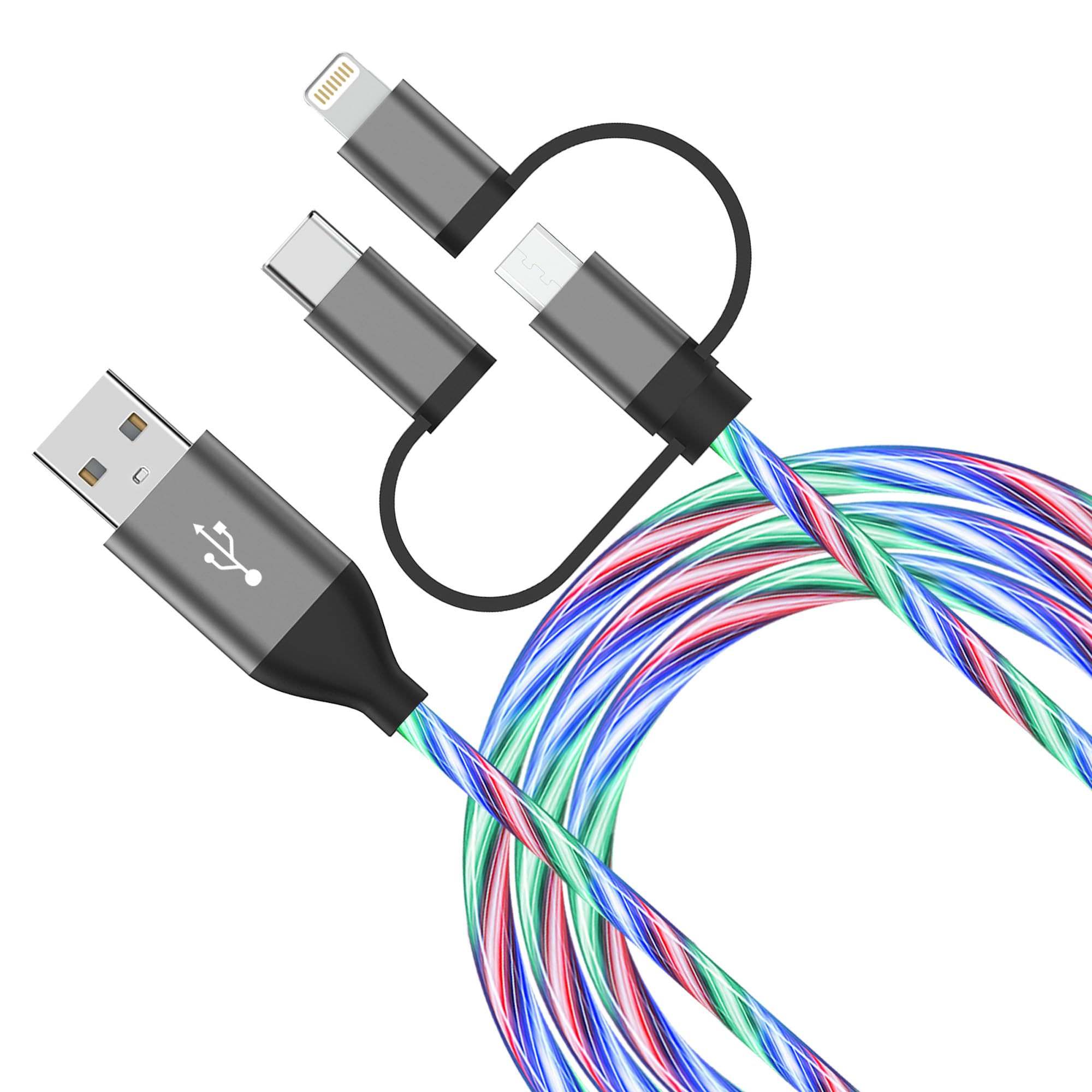 3in1 Charger Cable with LED Light, Multi Charging Cable for iPhone/iPhone Series/Cell Phones and More(Multicolored, 3ft)