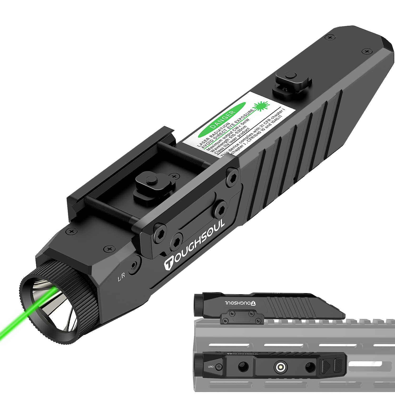 TOUGHSOUL Tactical Flashlight with Green Red Laser Sight 1450 Lumen Rechargeable Picatinny Rail Mounted Rifle Flashlight