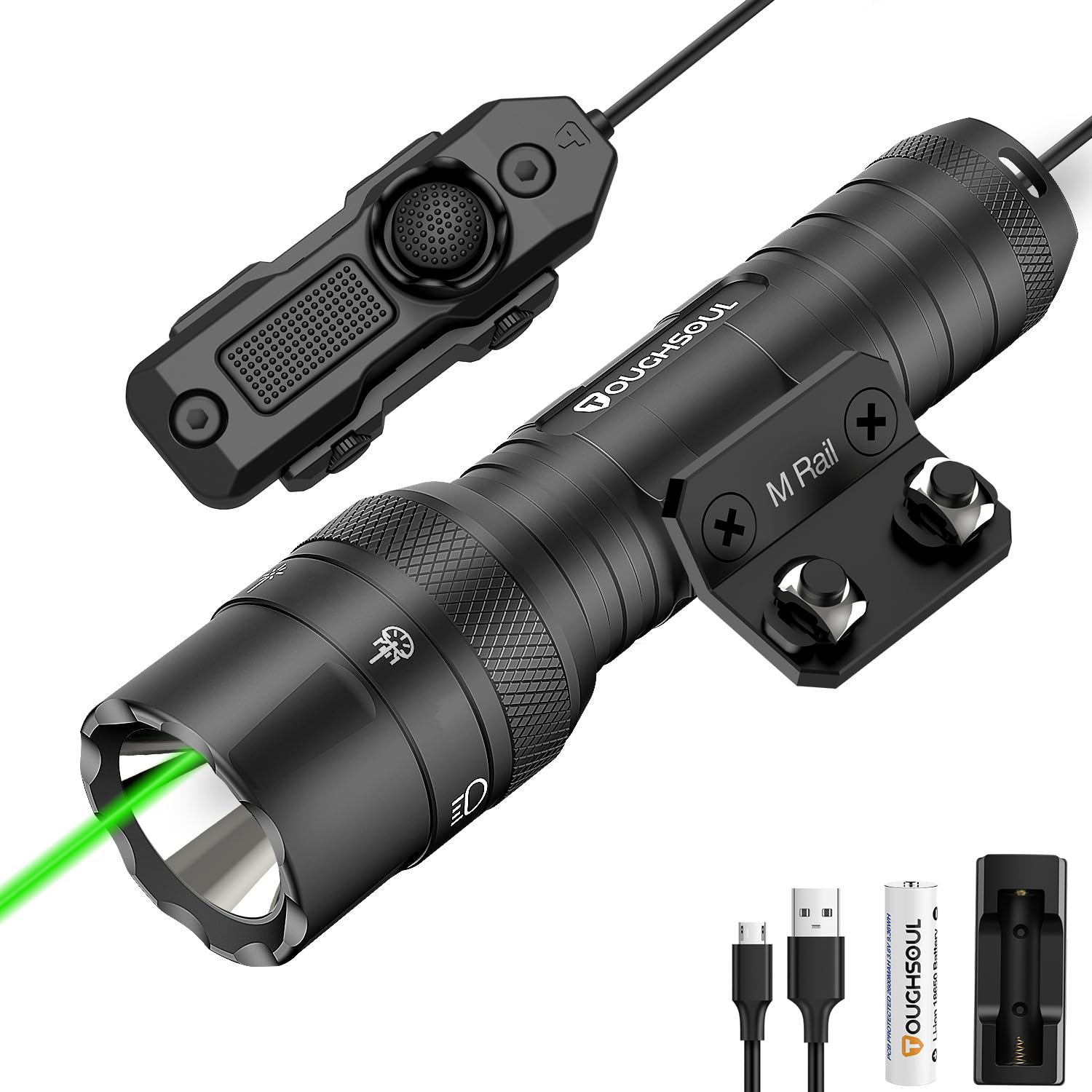 TOUGHSOUL Mlok Green Laser Tactical Flashlight for Tactical Use 1250 Lumens Rechargeable LED Light with Remote Pressure